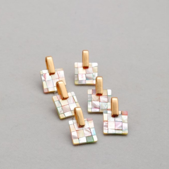 Handmade Mother of Pearl Earrings Geometric Quilted Pattern Earrings - Picture 6 of 8